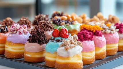 Aufkleber - Fun and colorful assortment of donuts with various toppings, creating an eye-catching sweets display