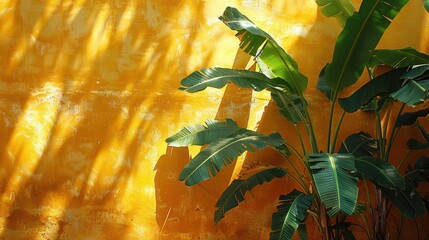 Canvas Print - Lush green banana leaves cast shadows against a vibrant yellow wall in bright morning sunlight. Generative AI