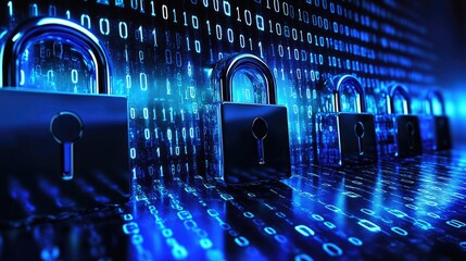 Poster - Grid of digital locks with binary code, technology security concept with modern tech design