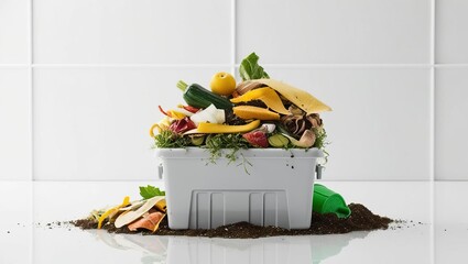 Wall Mural - A compost bin overflowing with organic kitchen scraps, showcasing a variety of fruit and vegetable waste, set against a clean background.