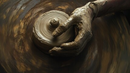 Poster - Hands of an artisan shaping wet clay, detailed shot with spinning wheel and clay textures in view