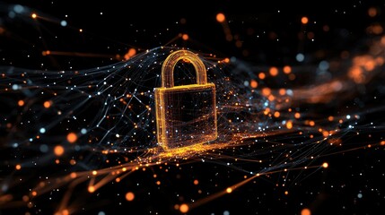 Poster - Holographic padlock floating in dark space, surrounded by cyber lines and glowing network connections