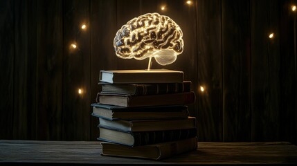 Poster - Illuminated brain above a towering stack of books with intricate lighting, emphasizing learning and intellect