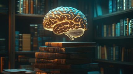 Poster - Illuminated brain above a towering stack of books with intricate lighting, emphasizing learning and intellect