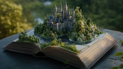 Poster - Magical world rising from an open book, with miniature castles, rivers, and forests, evoking a fairytale