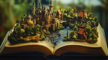 Poster - Magical world rising from an open book, with miniature castles, rivers, and forests, evoking a fairytale
