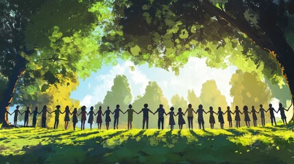Poster - Multi-ethnic community group holding hands in a park, forming a human chain, with trees in the background.