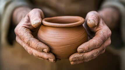 Poster - Potter hands delicately forming clay pot, close-up with smooth textures and rich clay colors