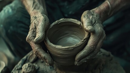 Poster - Potter hands delicately forming clay pot, close-up with smooth textures and rich clay colors