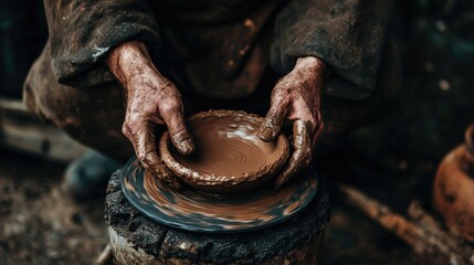 Poster - Potter's hands skillfully molding a clay bowl on the wheel, earthy tones and workshop background
