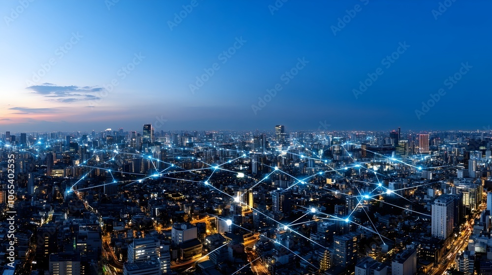Glowing Futuristic Skyline of Smart City with Digital Network Overlays ...