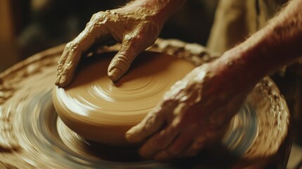 Poster - Skilled potter hands shaping clay with care, wet hands and clay on spinning wheel, warm tones