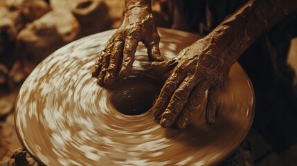 Poster - Skilled potter hands shaping clay with care, wet hands and clay on spinning wheel, warm tones