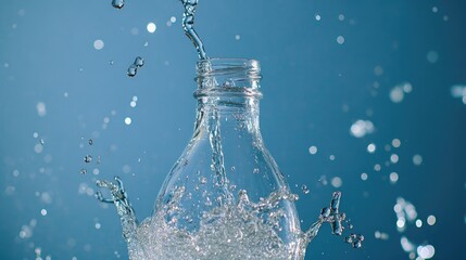Poster - Transparent bottle tipping water into glass, water streams and droplets mid-air, blue background