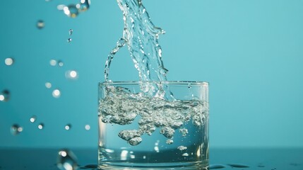 Poster - Water bottle tilted over glass, pouring sparkling clear water with droplets suspended mid-splash, blue background