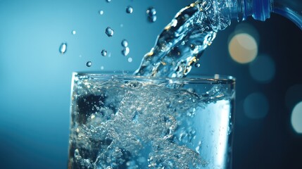 Poster - Water bottle tilted over glass, pouring sparkling clear water with droplets suspended mid-splash, blue background