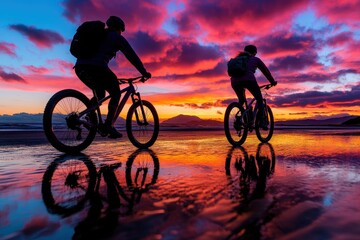 As the sun sets, two cyclists traverse a reflective sandy beach, abstractly intertwined with the vivid colors of the evening sky, portraying adventure and exploration.