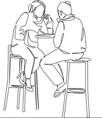 Wall Mural - One continuous single drawing line art flat doodle two girls sitting in a cafe, on the street, relaxing, chatting, meeting, food, coffee. Isolated image hand draw contour on a white background