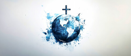 Wall Mural - Elegant watercolor painting of Earth with a cross above, showcasing the planet's surface in soft blue tones and intricate line art on a white background