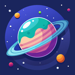 A colorful illustration of a planet with rings, orbiting in a starry night sky. This fun and whimsical illustration is perfect for adding a touch of space magic to your designs.