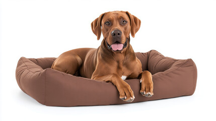 Happy dog sleep in bed, Great Dane lying down on brown dog bed, looking relaxed and content.  Isolated on white background