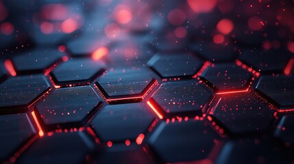 Poster - Modern Dark hexagonal carbon fiber with red luminous lines and highlights background HD