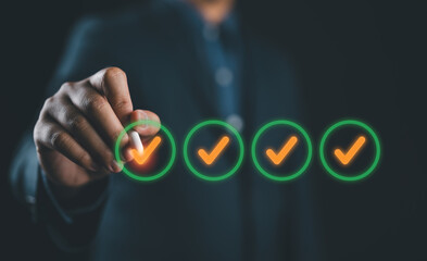 Poster - Quality check, Businessman makes a checklist Assessment and questionnaire, businessman using smartphone to do online survey, online digital form check mark Choose the correct answer on the exam.
