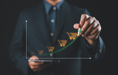 Aufkleber - Businessman drawing increasing trend graph of sale volume with bigger shopping trolley cart. Online sale business growth concept. Long term investment growth goal, Digital Marketing Strategies.
