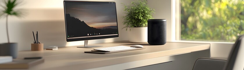 Poster - A Modern Home Office Workspace with a Computer, Speaker, and Plant