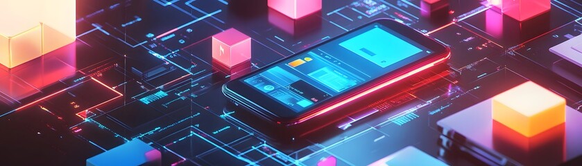 Poster - A Smartphone Lying on a Futuristic Circuit Board with Neon Lights