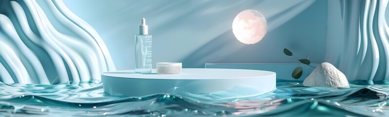 Poster - background water podium product 3d cosmetic abstract platform blue beauty. render background podium 