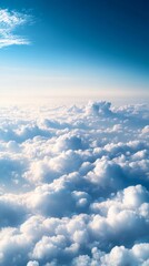 Poster - The sky is filled with fluffy clouds illuminated by the setting sun, creating a peaceful and idyllic scene. An airplane flies through, reflecting the sunset colors for a beautiful atmosphere