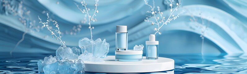 Poster - background water podium product 3d cosmetic abstract platform blue beauty. render background podium 
