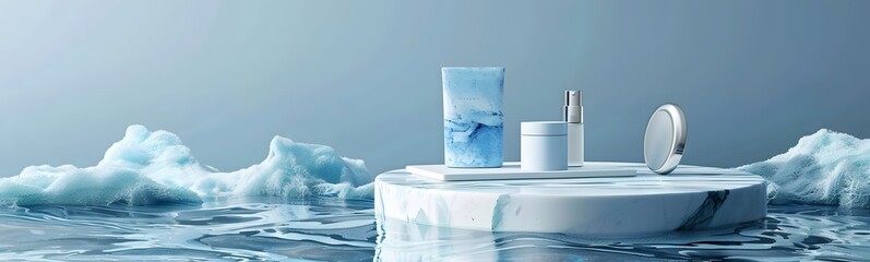 Poster - background water podium product 3d cosmetic abstract platform blue beauty. render background podium 