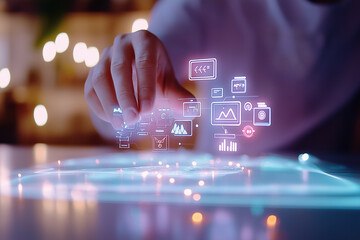 Poster - A hand reaches toward a floating holographic display with multiple digital icons in a contemporary office environment