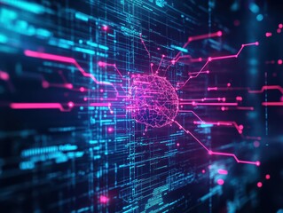 Poster - Neural network interface, digital screen overlays, vibrant neon data pulses