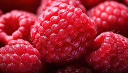 Wall Mural - Macro Close-Up of Fresh, Juicy Raspberries with Vibrant Red Texture, Perfect for Health and Wellness Concepts, Food and Beverage Marketing, and Organic Lifestyle Imagery