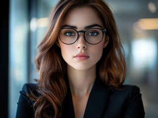 A young woman with elegant glasses exudes confidence and sophistication as she faces the camera, blending modern style with a professional, poised demeanor.