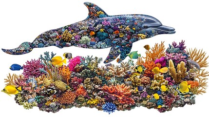 Wall Mural - Dolphin Silhouette with Vibrant Coral Reef and Fish.