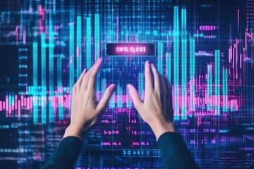 Aufkleber - Hands reaching for a digital value bar above a dropping price tag, neon light effect, cyber aesthetic, futuristic theme