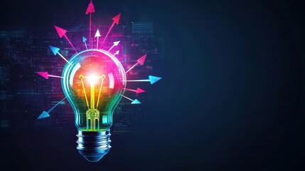 Poster - Glowing lightbulb with multicolored gradient, arrows spiraling toward it, futuristic and vibrant, hightech aesthetic