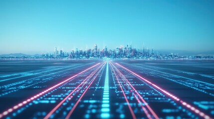 Fototapete - Futuristic plane, glowing hologram runway lines, digital city in background, clear sky
