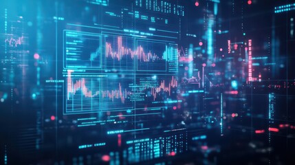 Fototapete - Futuristic cityscape with digital holograms showing fluctuating market prices, neon lights, and data overlays, cyberpunk style, high contrast colors