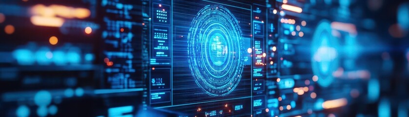 Poster - Digital workspace, hologram data screens, blue tones, futuristic design, AI interface