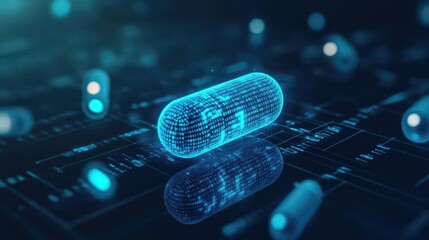 Aufkleber - Digital capsule, surrounded by binary code, futuristic blue glow, dark background