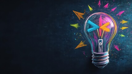 Poster - Detailed sketch of a lightbulb with arrows pointing inwards, monochromatic with multicolored accents, high detail, creative concept