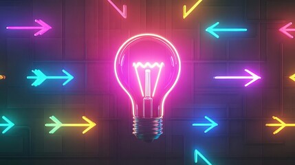 Poster - cyberpunkstyle lightbulb surrounded by neon arrows, vibrant multicolored glow, hightech futuristic v