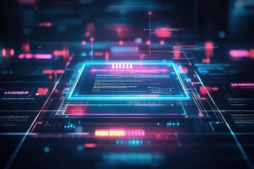 Poster - Cyberinspired user interface, floating holograms, neon accents, scifi background