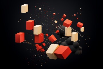 Poster - Vibrant geometric shapes  colorful cubes, spheres, and cylinders on a sleek black background