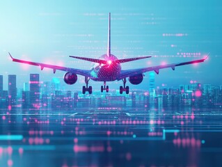 Leinwandbilder - Airplane landing sequence, holographic lights, advanced cityscape backdrop, hightech design